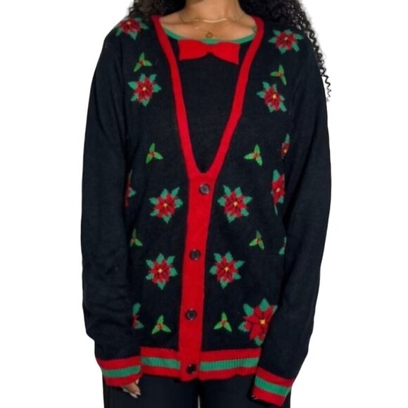 Jolly Sweaters Black Red Green Poinsettia Ugly Christmas Unisex Sweater Size XL - Picture 1 of 6